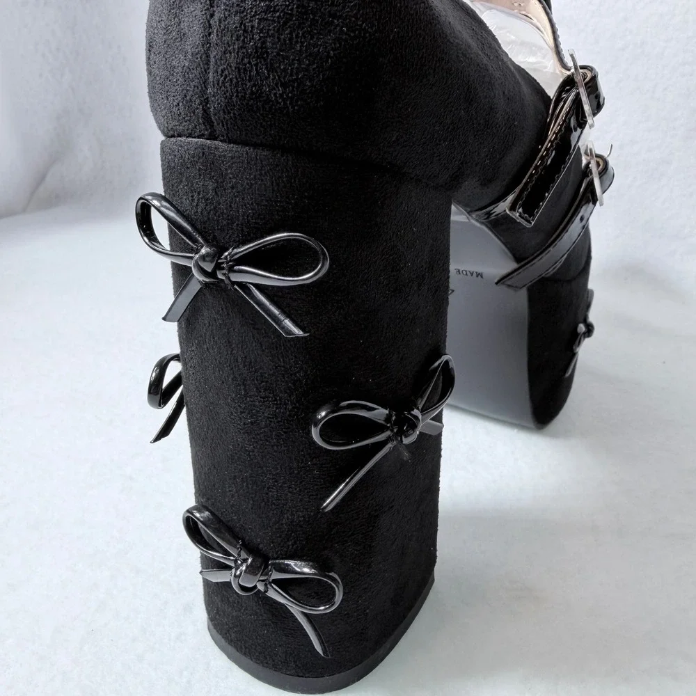 Black Bow Platform Mary Jane Pumps Heart Buckle Block Heel Sz US 10 New sexy